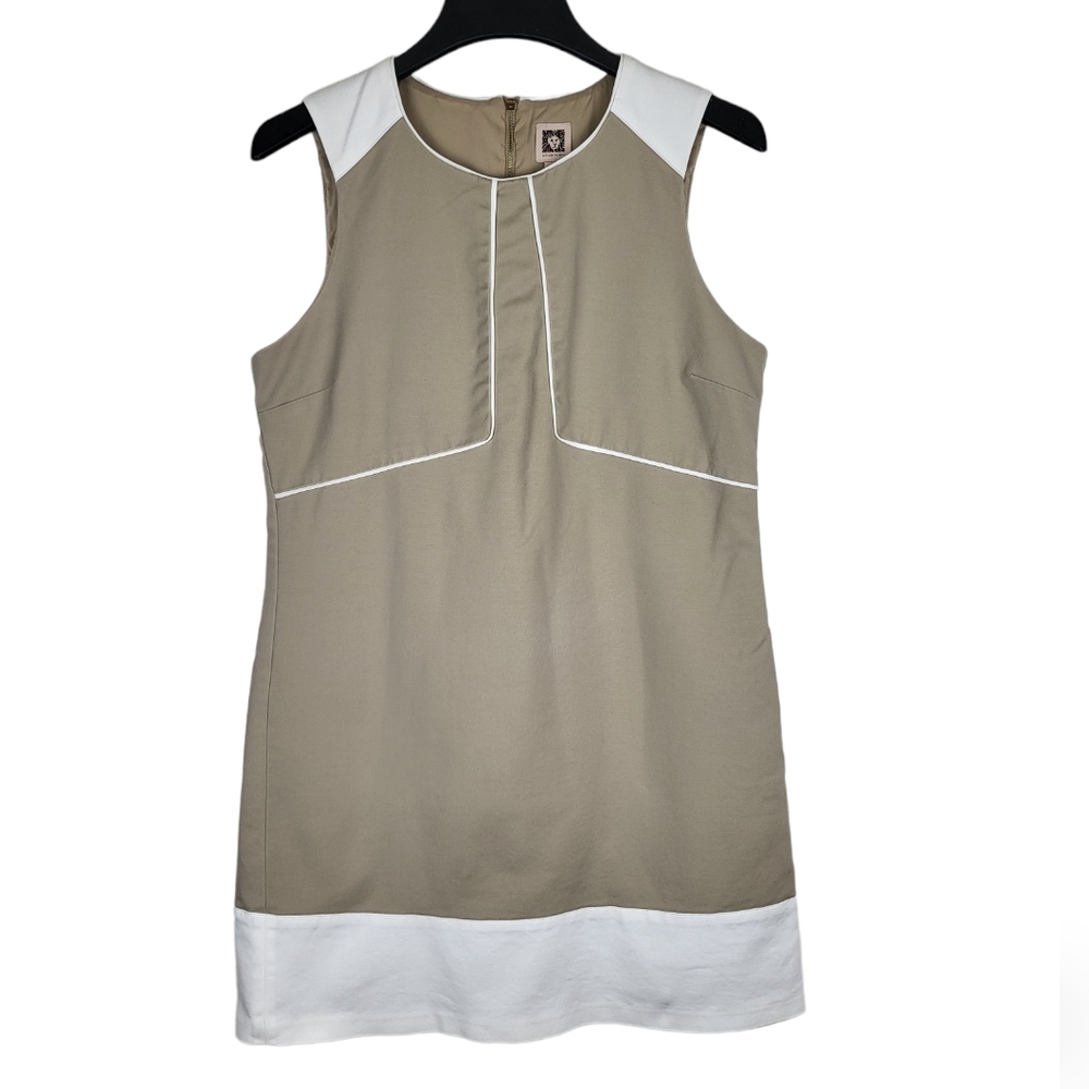 Anne Klein women's size 14 A-line khaki lined Sleeveless tan/white dress
